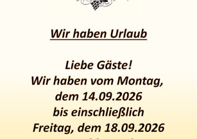 Betriebsurlaub 14.09. bis 18.09.2026